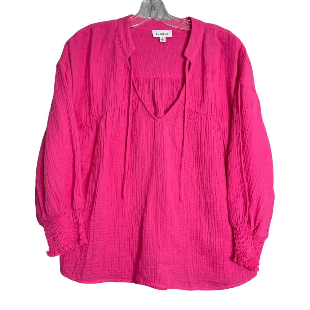 Evereve Gauze Blouse Womens Medium Pink V-Neck Tie Smocked Cuff Boho Peasant